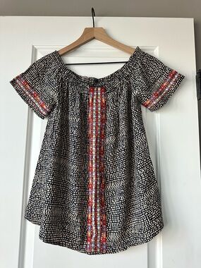THML Navy & Cream Dotted Peasant Blouse with Colorful Embroidery